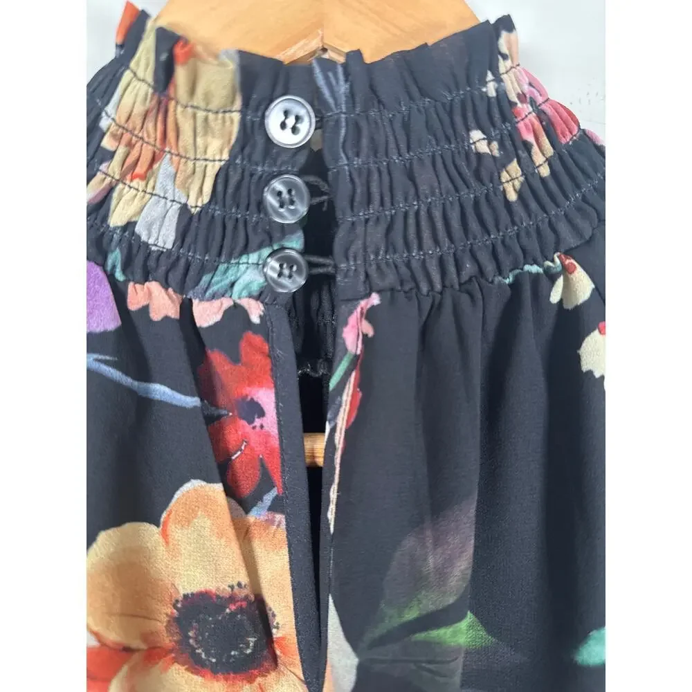 YUMI KIM Black Floral Class Act Lake Side Long Sleeve Tiered Mini Dress Size S